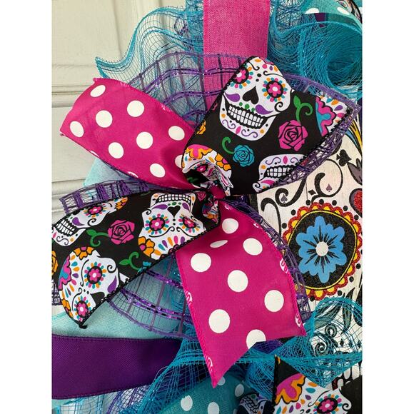 Day of the Dead Sugar Skull Los Dias De Los Muertes Pink Halloween Wreath Decor - Picture 3 of 6